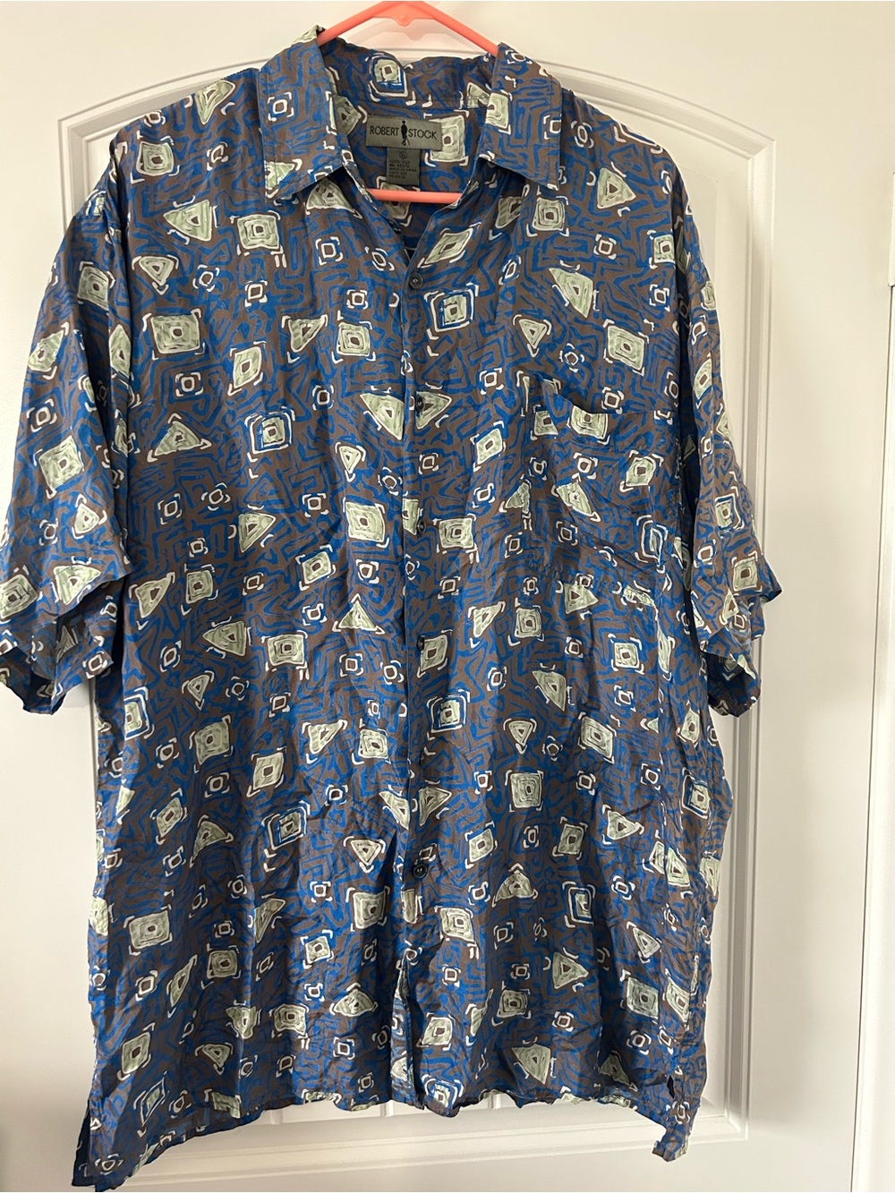 VTG Robert Stock 100% Silk Shirt Mens XL Geometric Button Up Short Sleeve